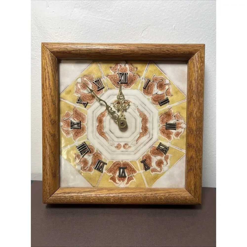 Handmade Ceramic MCM Oak Wooden Frame Tile Wall Clock Vintage WORKS